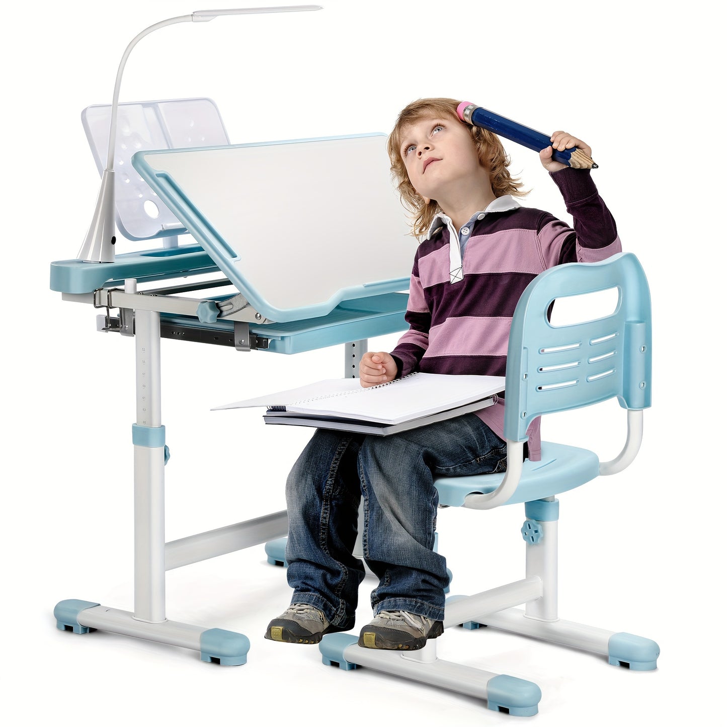 Kids' Ergonomic Study Desk Set - School Chairs with Height Adjustment, 55° Tiltable Desktop, 3-Mode & 3-Brightness LED Lamps, Storage Drawer, Metal Hook, and Sturdy Construction for Boys and Girls, Blue