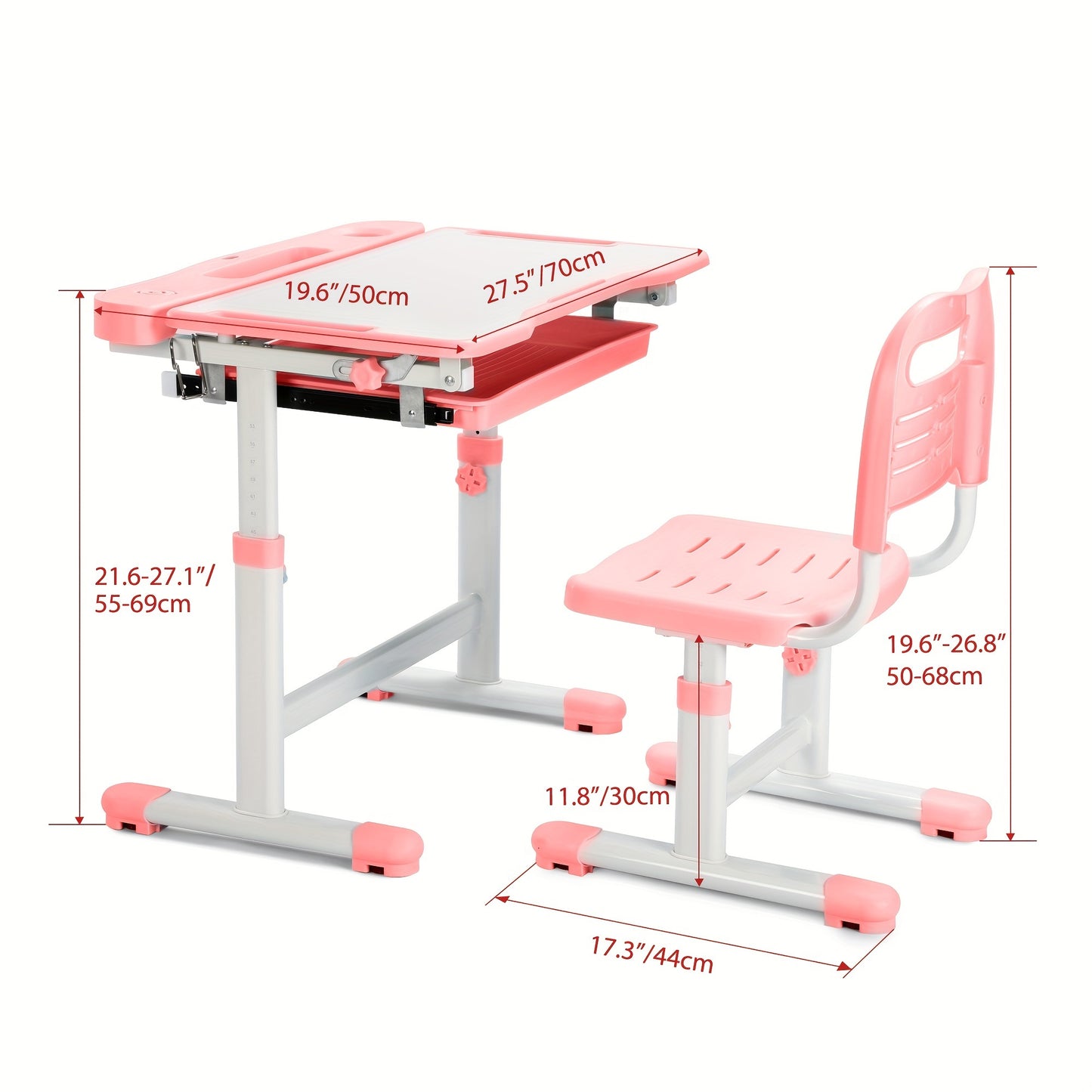 Kids Desk And Chair Set Height Adjustable School Study Desk And Chair With 55° Tiltable Desktop, 3 Modes&3 Brightness LED Lamps, Storage Drawer And Metal Hook For Boys Girls
