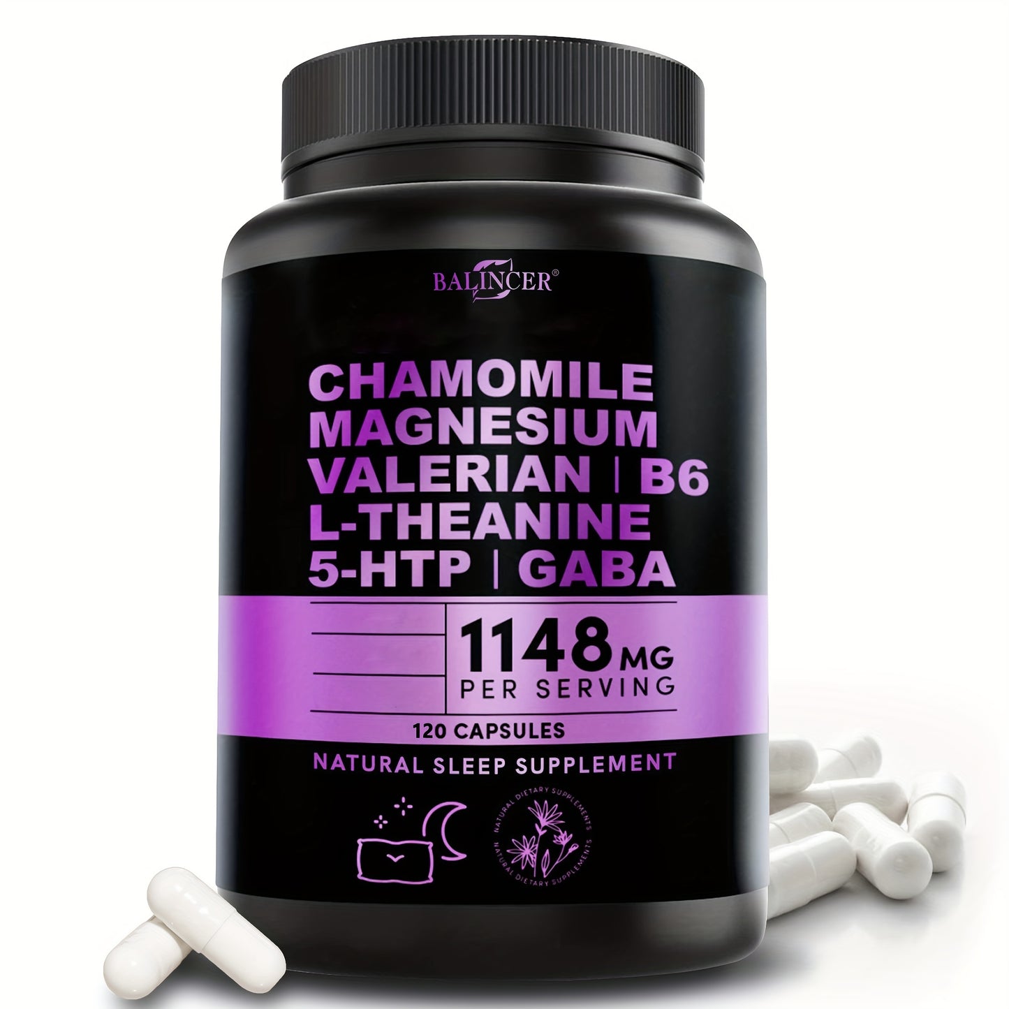 Natural Sleep Aids For Adults - Magnesium Glycinate 500mg, Ashwagandha, L Theanine, Valerian Root, GABA, 5-HTP, Sleep Supplement - 120 Capsules