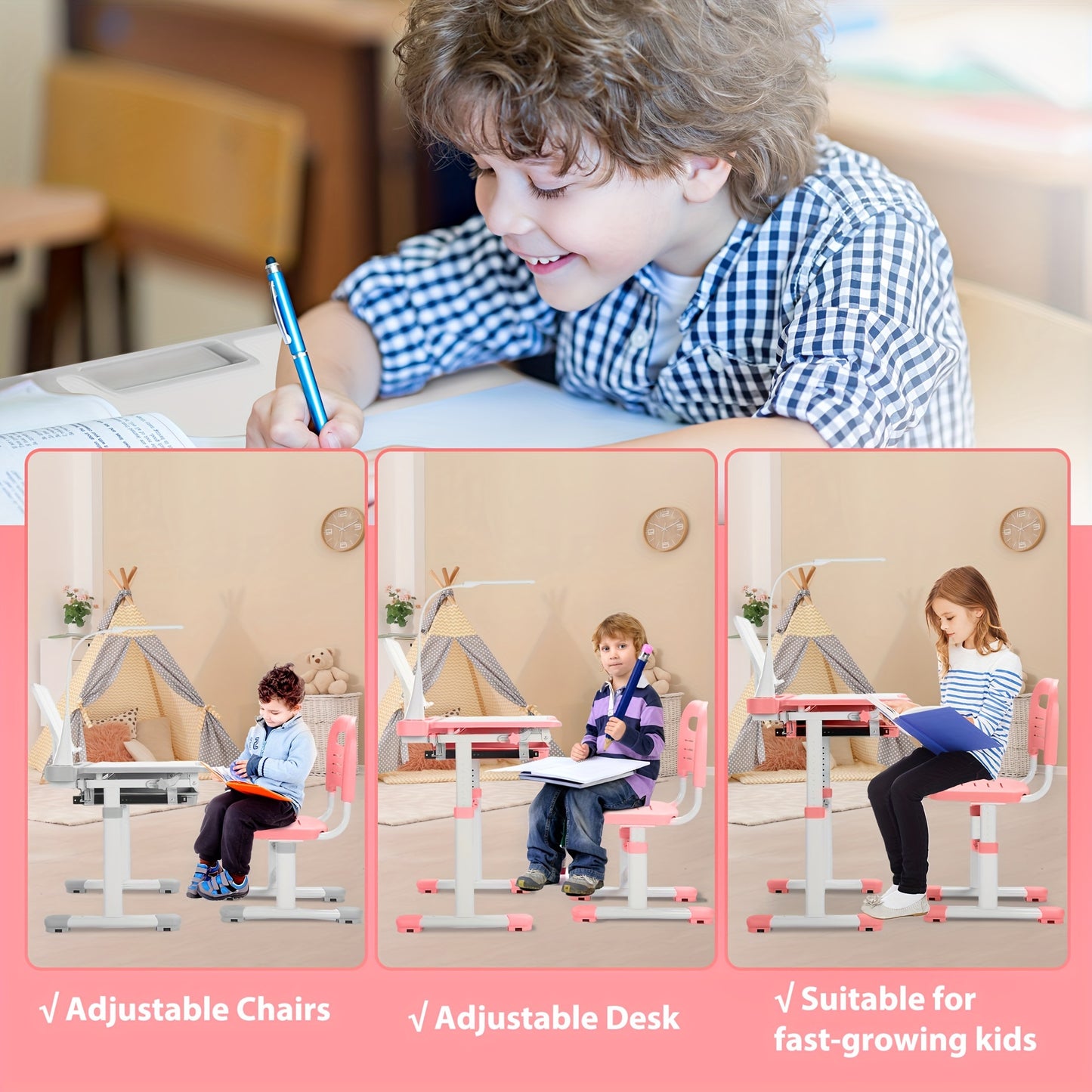Kids Desk And Chair Set Height Adjustable School Study Desk And Chair With 55° Tiltable Desktop, 3 Modes&3 Brightness LED Lamps, Storage Drawer And Metal Hook For Boys Girls