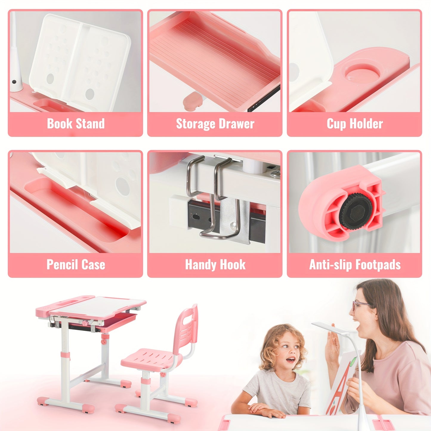 Kids Desk And Chair Set Height Adjustable School Study Desk And Chair With 55° Tiltable Desktop, 3 Modes&3 Brightness LED Lamps, Storage Drawer And Metal Hook For Boys Girls
