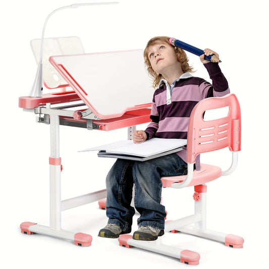Kids Desk And Chair Set Height Adjustable School Study Desk And Chair With 55° Tiltable Desktop, 3 Modes&3 Brightness LED Lamps, Storage Drawer And Metal Hook For Boys Girls