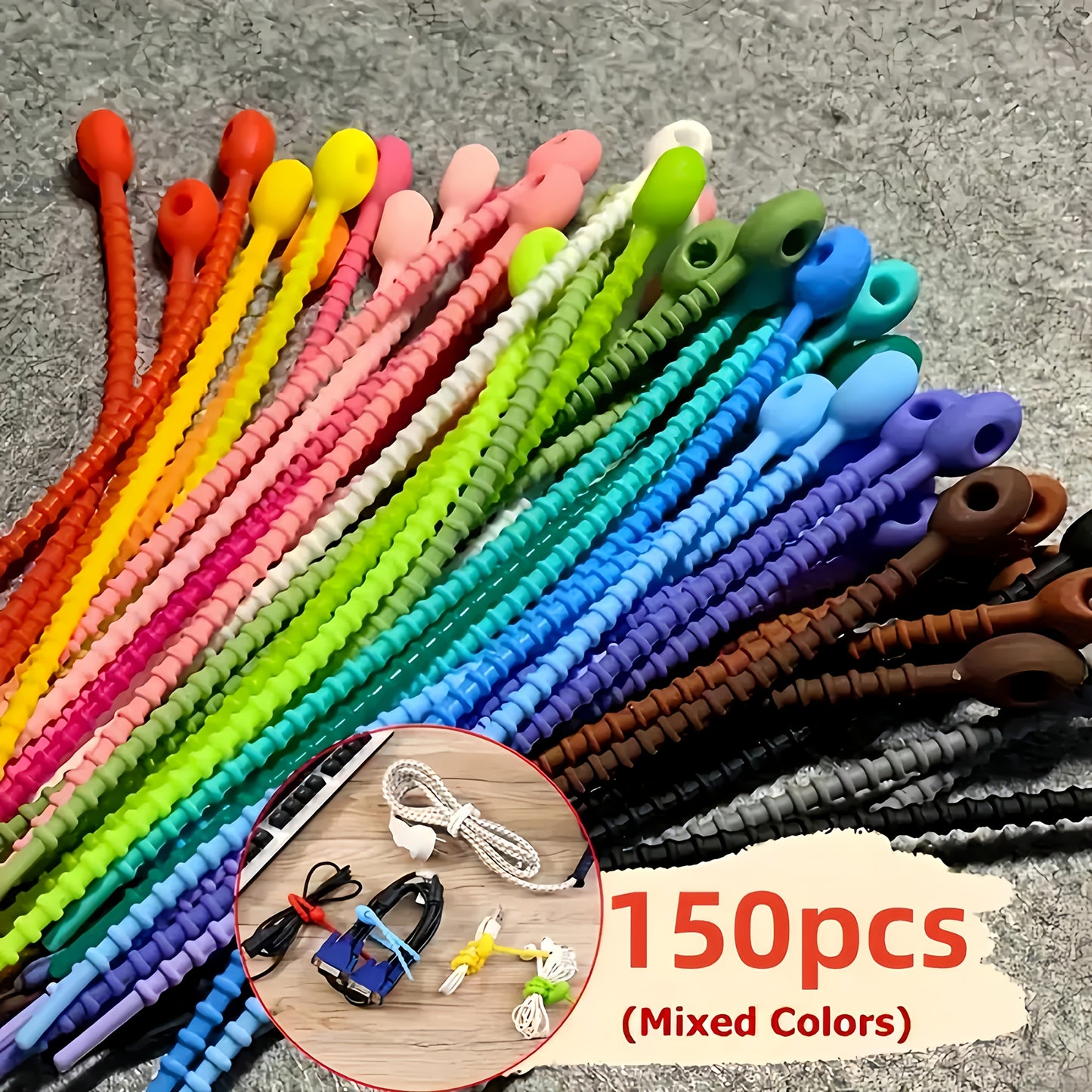 100/150 Pack Silicone Cable Organizers, Reusable Twisted Cord Ties, Multifunctional Zipper Storage Bags for Headphone, Charging Cables, Cord Management Clips - No Battery Required