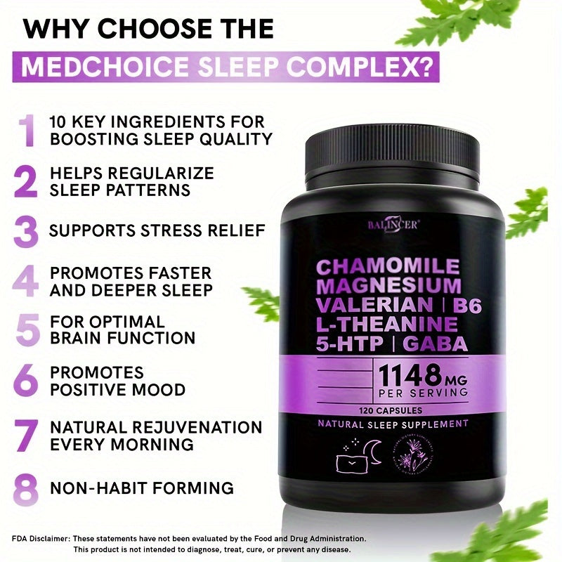 Natural Sleep Aids For Adults - Magnesium Glycinate 500mg, Ashwagandha, L Theanine, Valerian Root, GABA, 5-HTP, Sleep Supplement - 120 Capsules