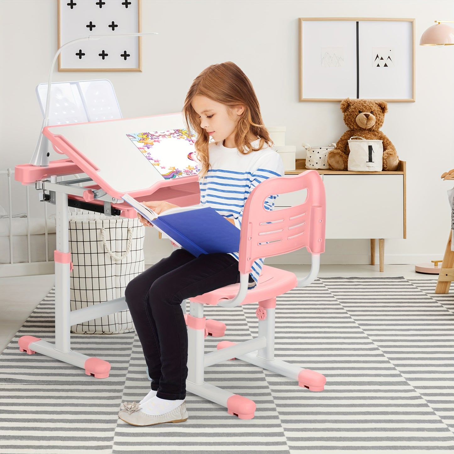 Kids Desk And Chair Set Height Adjustable School Study Desk And Chair With 55° Tiltable Desktop, 3 Modes&3 Brightness LED Lamps, Storage Drawer And Metal Hook For Boys Girls