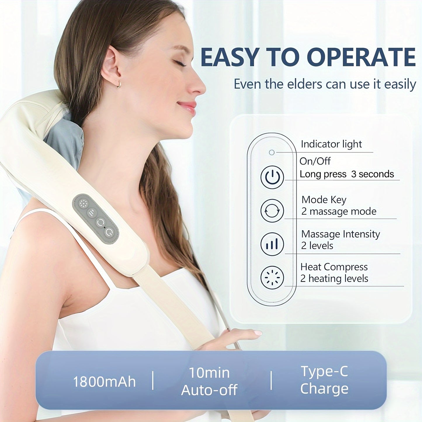 3D Kneading Neck Massager Pillow with Therapeutic Heat - Rechargeable & Cordless for Deep Tissue Relief - Targets Neck, Back, Shoulder & Leg Muscles - Perfect for Home Relaxation
