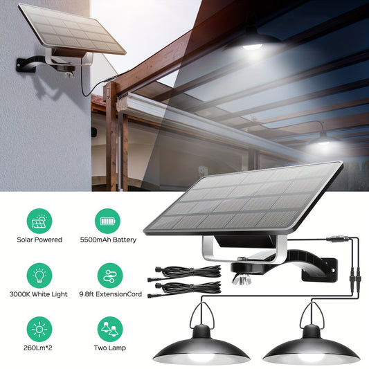 [Fast Arrival] 1PC Solar Powered Double-Head Chandelier Pendant Light - Outdoor Indoor Lighting for Shed, Barn, Room, Chicken Coop, Gazebo, Storage, Garage, Balcony, Porch, Carport - 2 LED Lamps, 9.8FT Extension Cord, 3000K W